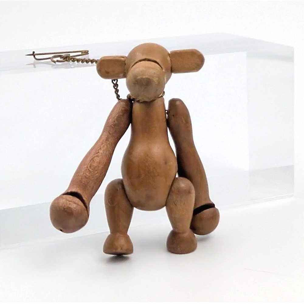 Vintage Zoo Line Japan Monkey Brooch Built in Pin-Chain Wooden Articulated MCM